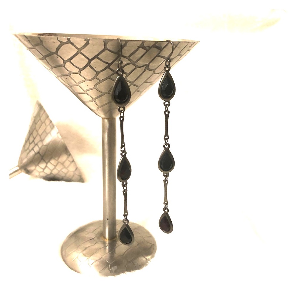 Long Black Triple teardrop hanging earrings